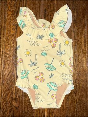 Old Navy Yellow One-Piece Swimsuit with Beach Print